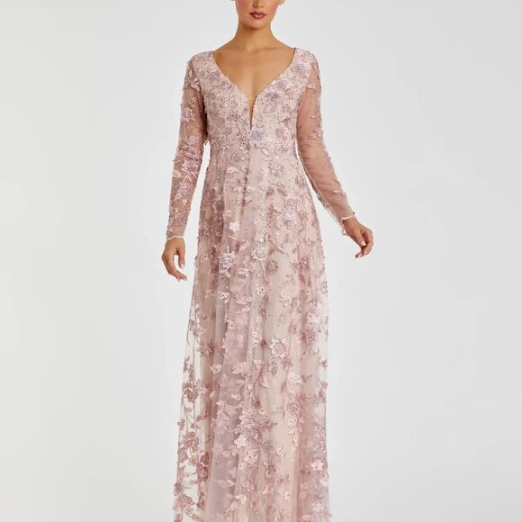 Mac Duggal 70224 Pink Floral Applique Long Sleeve Illusion Gown NWT Size 8 - Picture 2 of 6